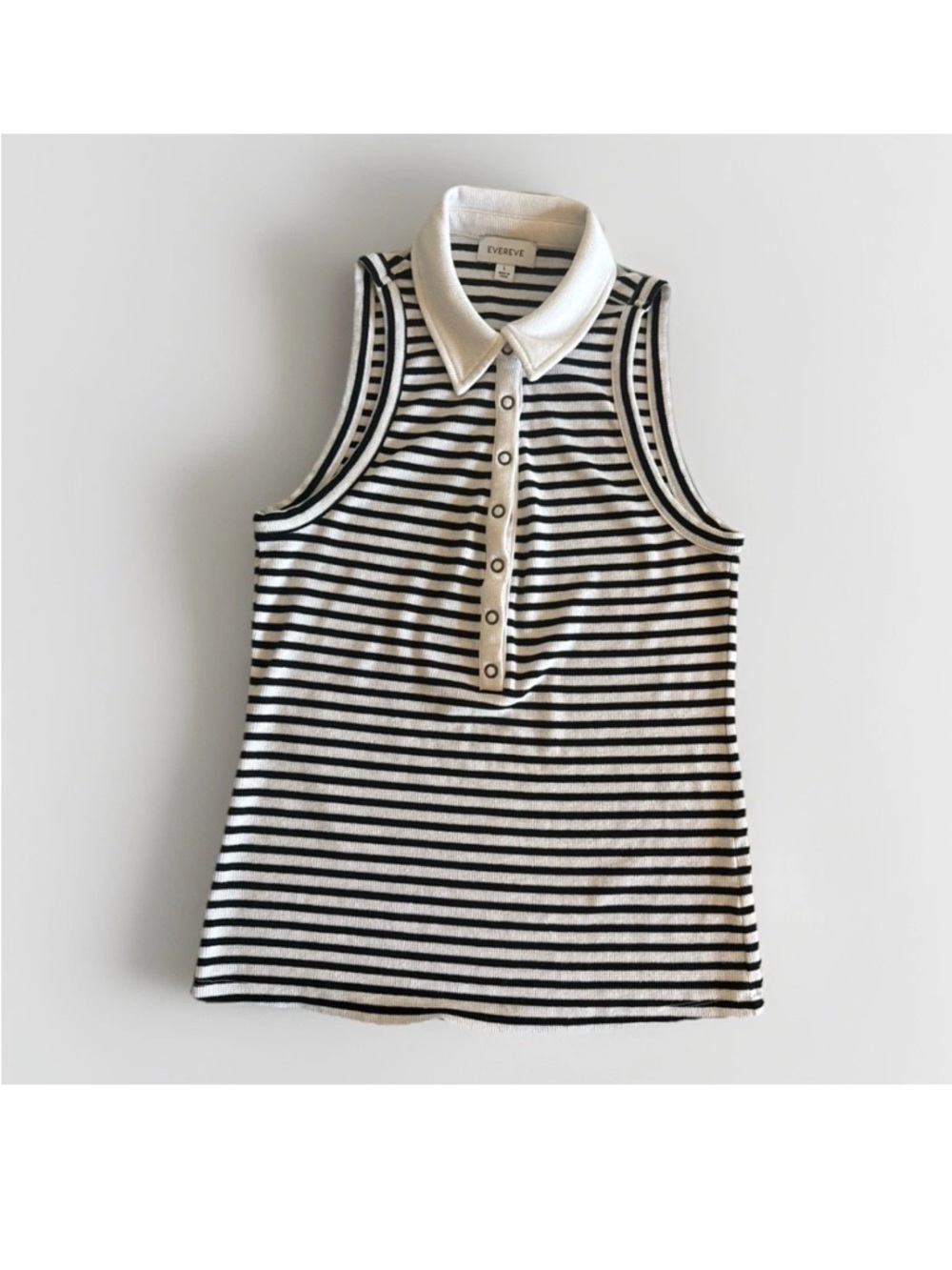 Evereve Striped Sleeveless Polo Tank Top‎ L Large Black White Ribbed Linen Blend